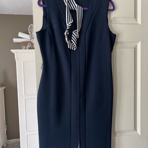 Elegant Navy Dress with Striped Belt